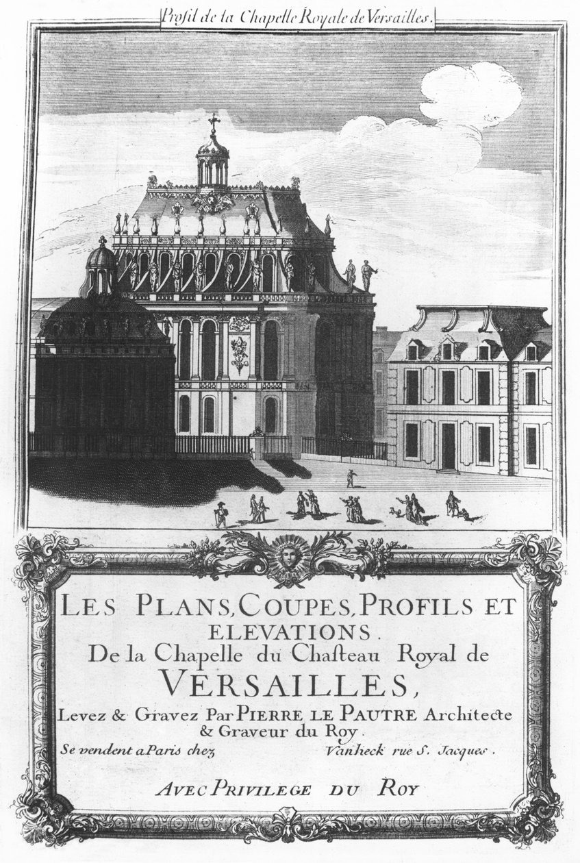 A capela real, ilustração de &39;planos, copos, perfis e elevações da capela do castelo real de Versalhes&39; de Pierre Lepautre