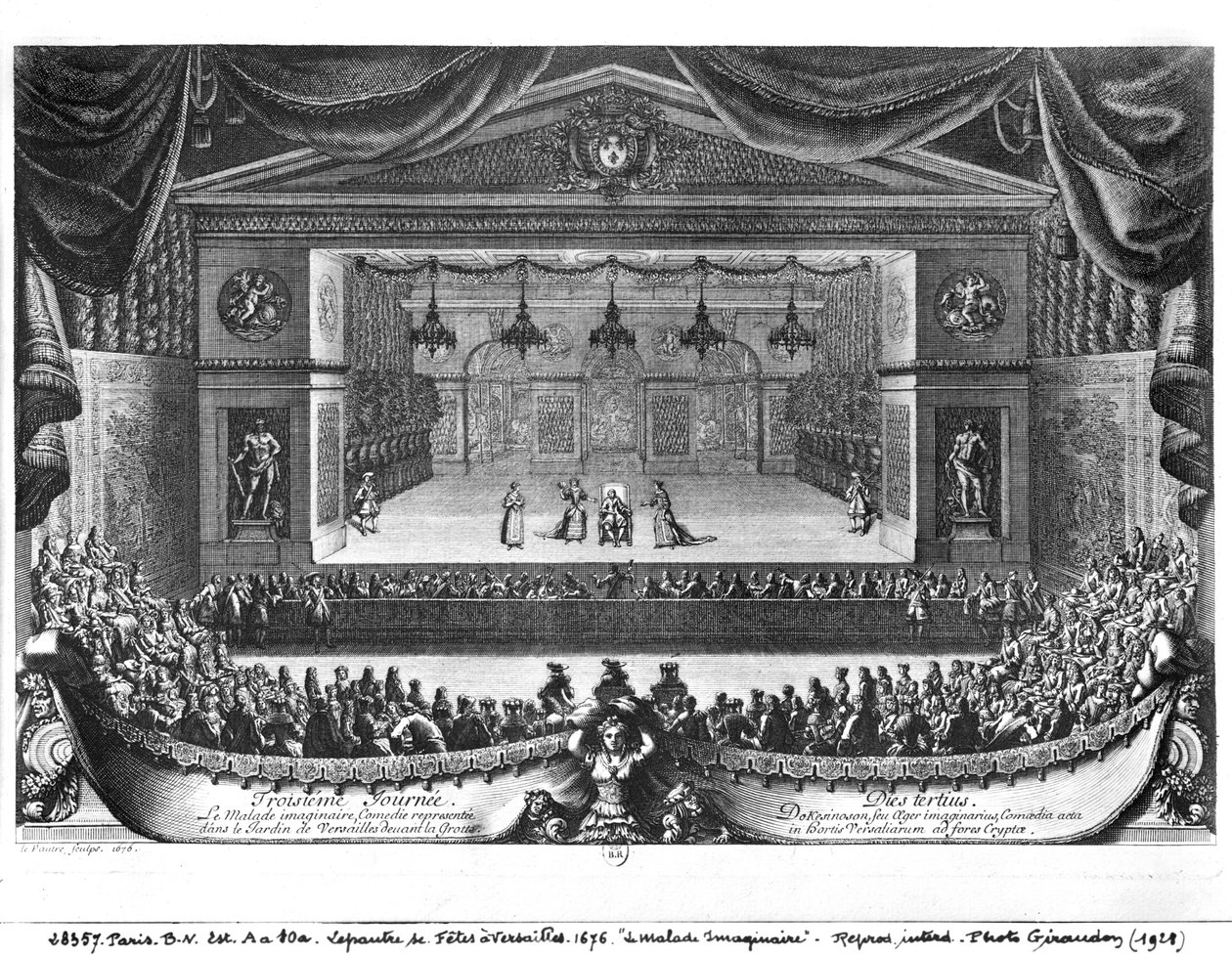 O terceiro dia, de "La Malade Imaginaire", de Molière (1622-1673), realizado no jardim de Versalhes, 1676 de Pierre Lepautre