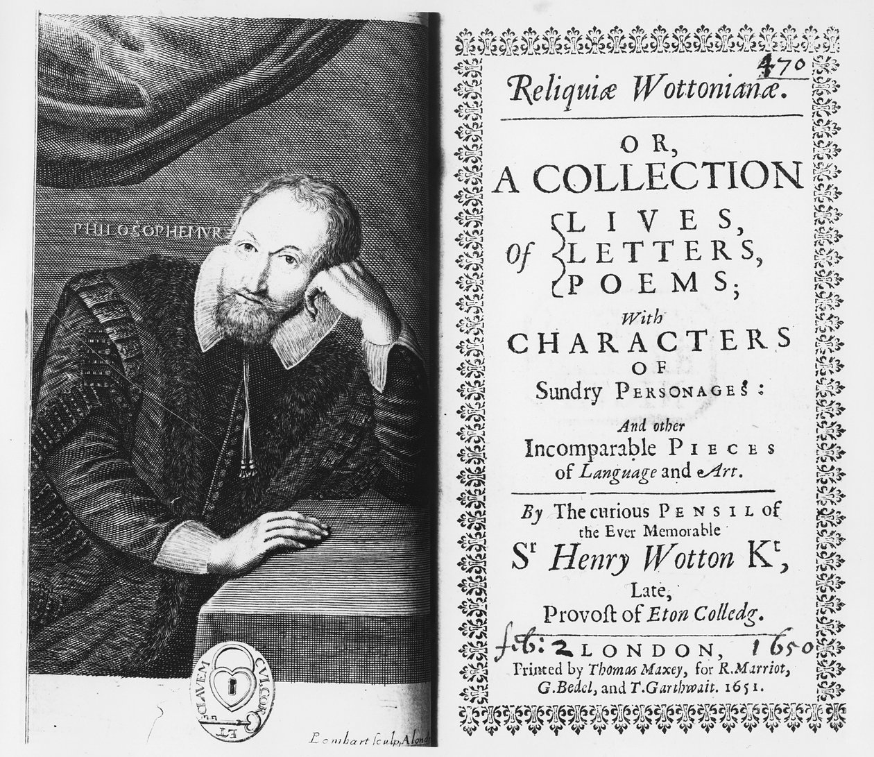 Titlepage e frontispício de &39;Reliquiae Wottonianiae&39;, 1651 de Pierre Lombard or Lombart