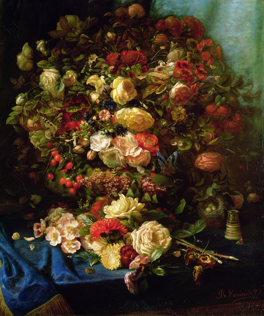 Ainda vida de flores em uma borda com ninho de pássaros, 1884 de Pierre Louis de Coninck