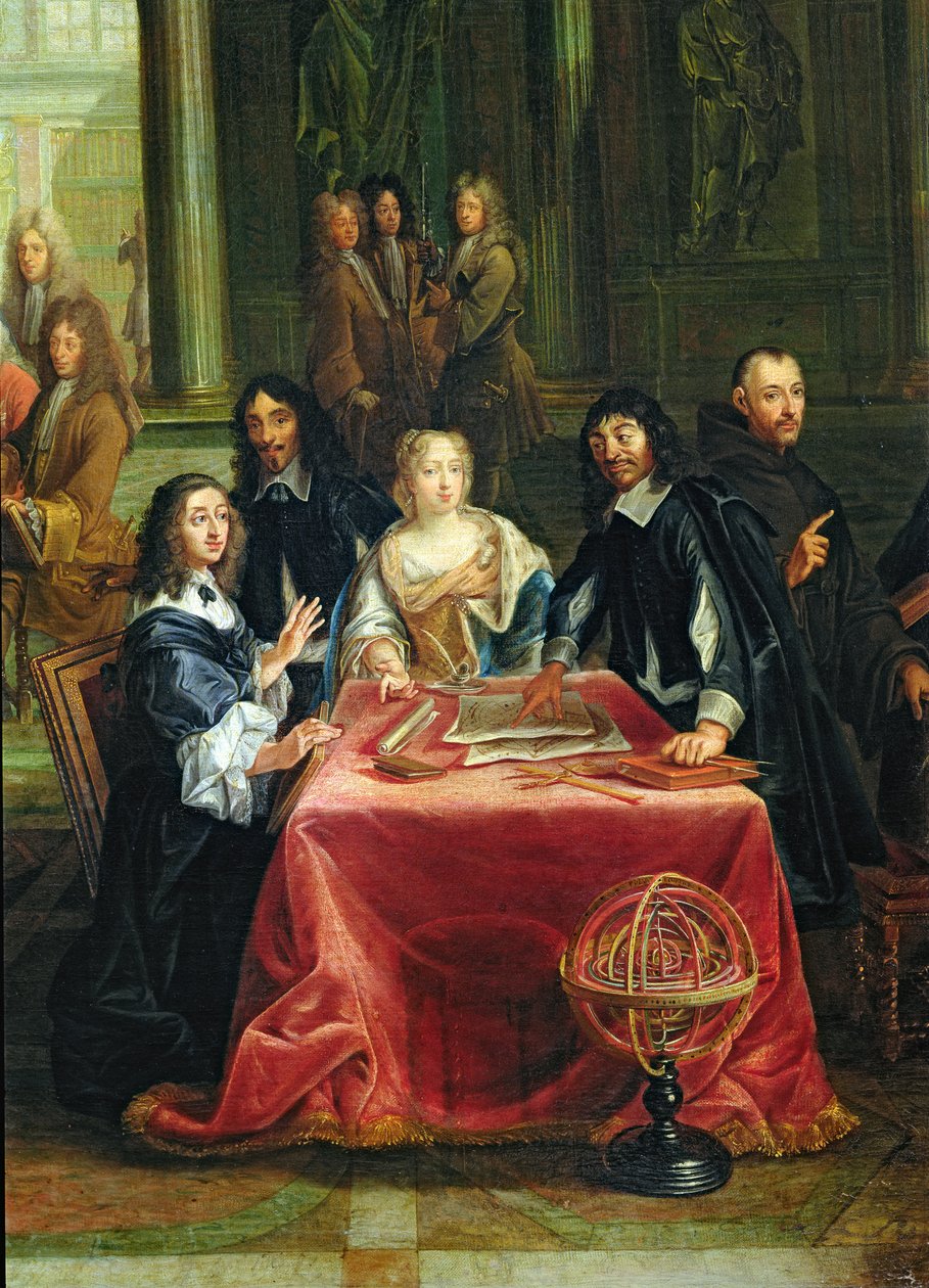 Christina da Suécia (1626-1689) e sua corte: detalhe da Rainha e René Descartes (1596-1650) na Mesa (ver 28038) de Pierre Louis the Younger Dumesnil