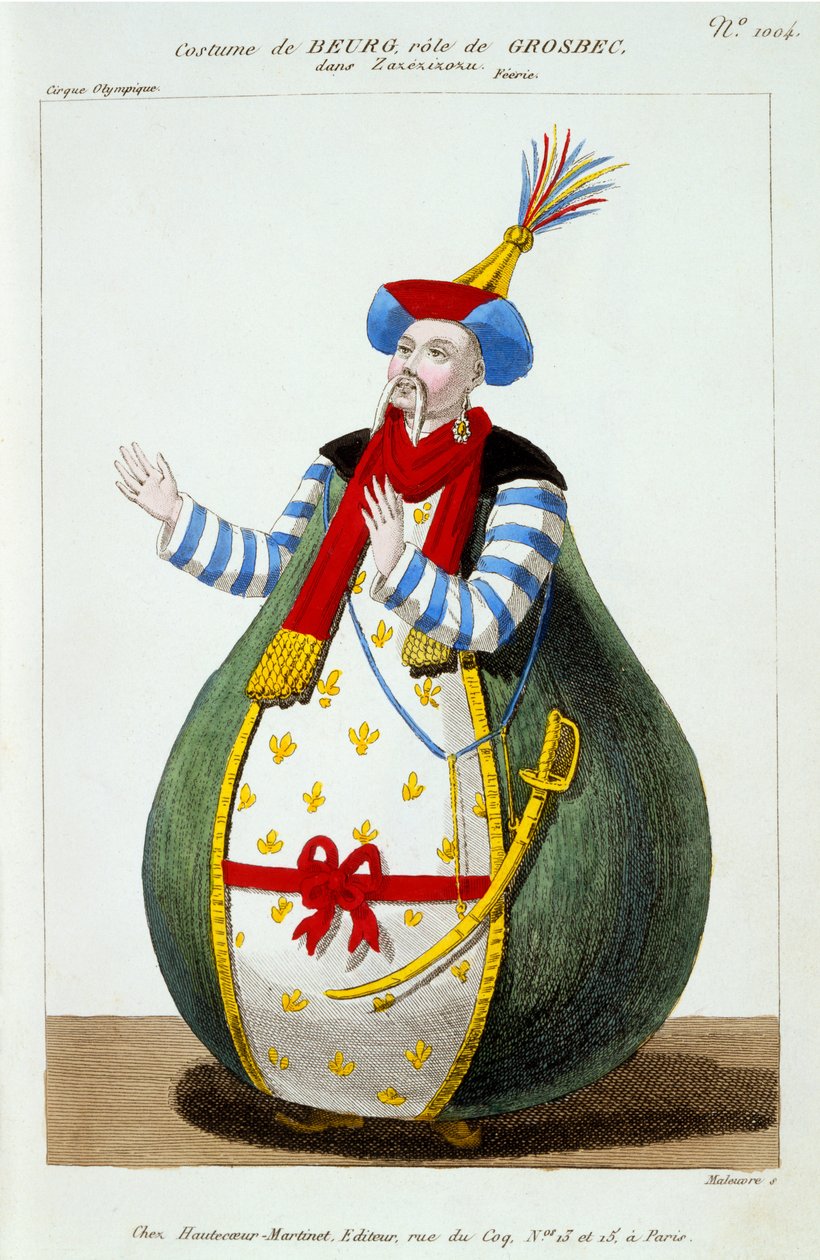 Traje de Beurg, do Cirque Olympique, no papel de Grosbec em Zazezizozu, de &39;Le Petite Galerie Dramatique&39;, publicado em 1796 de Pierre Maleuvre