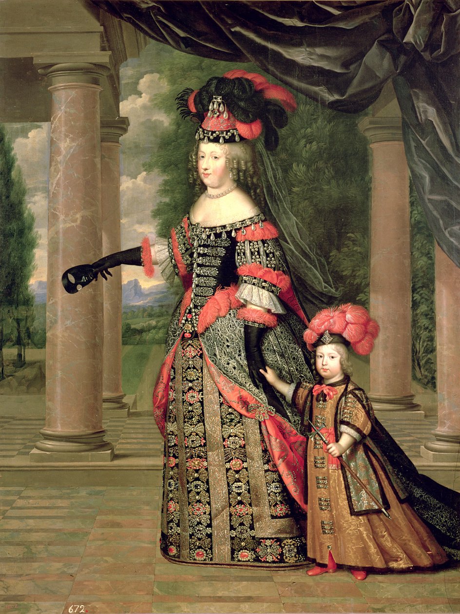 Maria Theresa (1638-83) esposa de Luís XIV, com seu filho o rei Delfim Luís de França (1661-1711) depois de 1661 de Pierre Mignard