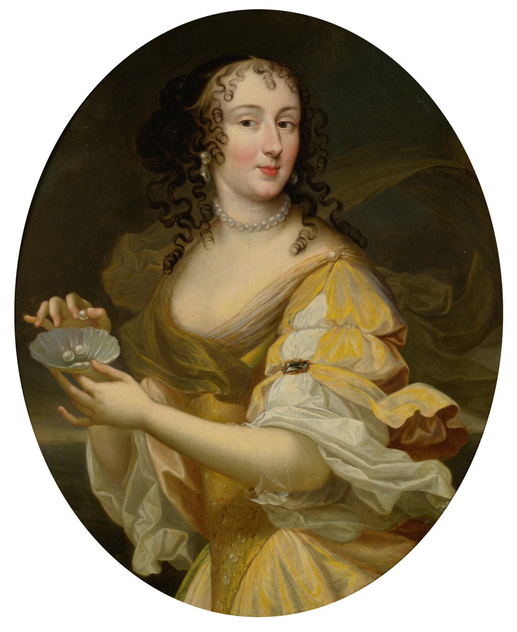Retrato de uma senhora em disfarce alegórico, segurando um prato de pérolas. de Pierre Mignard