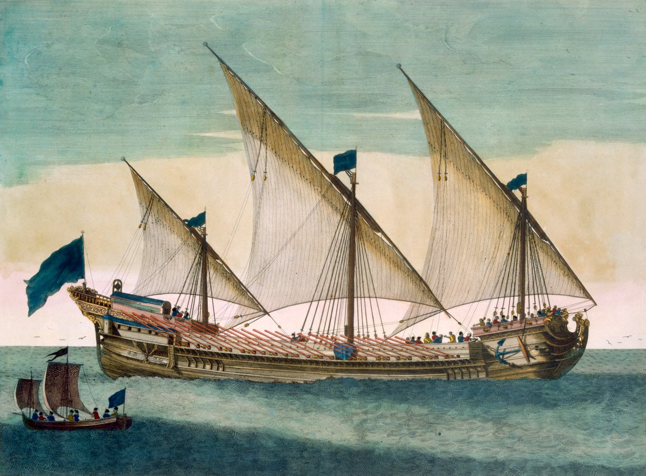 Um Galleass de três mastros a caminho de vela, remos enviados, de &39;Le Naptune François&39;, c.1693-1700 (gravura colorida à mão) de Pierre Mortier