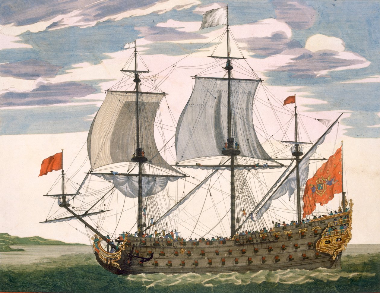 Marinha britânica: um navio de primeira classe voando pela bandeira branca; três andares com cabine do almirante, de &39;Le Naptune François&39;, c.1693-1700 (gravura colorida à mão) de Pierre Mortier