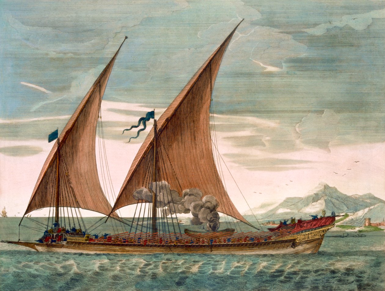 Galera sob vela, voando padrão do comandante do esquadrão, de &39;Le Naptune Francois&39;, c.1693-1700 (gravura colorida à mão) de Pierre Mortier