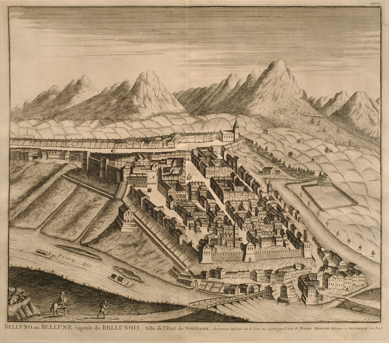 Mapa de Belluno, de &39;Cidades de Veneto&39;, 1704, publicado por Pierre Mortier em Amsterdã de Pierre Mortier