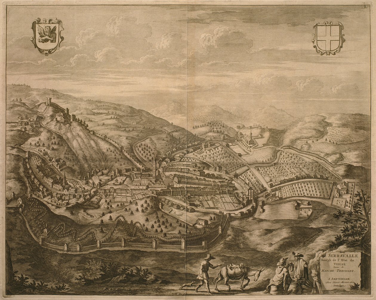 Mapa de Serravalle, de &39;Cidades de Veneto&39;, 1704, publicado por Pierre Mortier em Amsterdã de Pierre Mortier