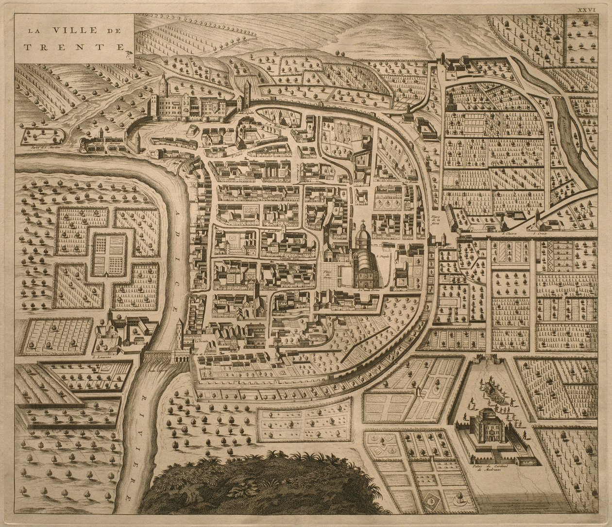 Mapa de Trento, de &39;Cidades de Veneto&39;, 1704, publicado por Pierre Mortier em Amsterdã de Pierre Mortier