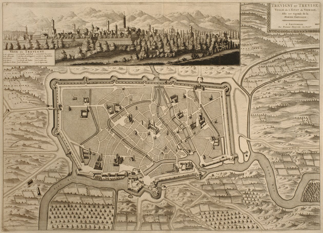 Mapa de Treviso, de &39;Cidades de Veneto&39;, 1704, publicado por Pierre Mortier em Amsterdã de Pierre Mortier