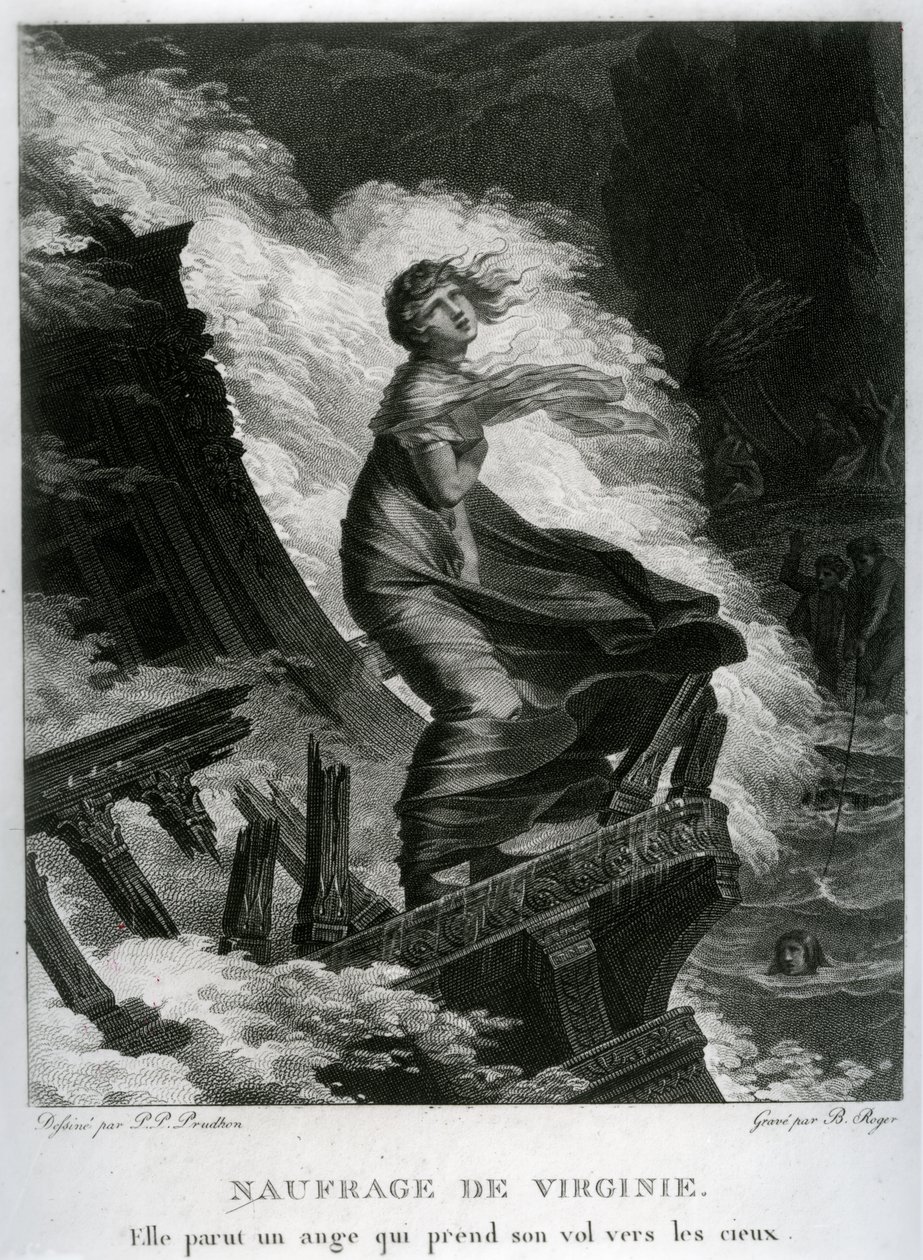 Naufrágio de Virginie, ilustração para &39;Paul et Virginie&39; por Bernardin de Saint-Pierre (1737-1814) gravada por Barthelemy Roger (1767-1841) de Pierre Paul Prudhon