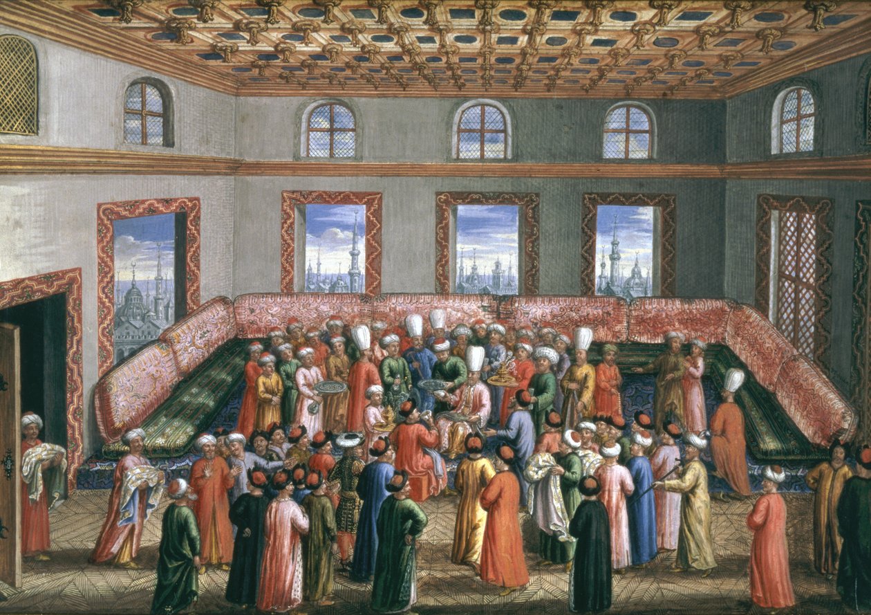 Missão diplomática de Jan Gninski em Istambul, recepção de despedida do enviado polonês, 1679 (guache com folha de ouro sobre papel) de Pierre Paul Sevin