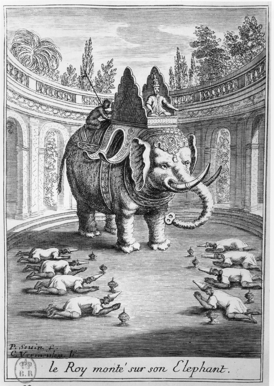 O rei do Sião sentado em seu elefante, gravado por Cornelis Vermeulen (1644-1708) 1686 de Pierre Paul Sevin