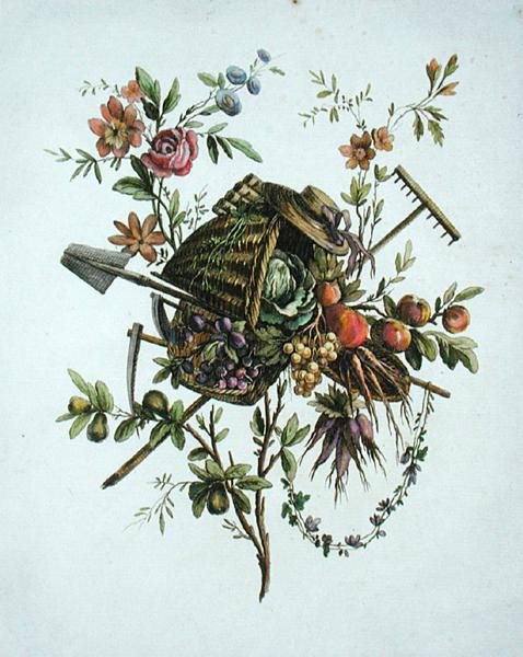Um projeto têxtil de jardim, de "Trabalho contendo uma coleção de Trophees, Atributos, Cartuchos, Vasos, Flores, Ornemens e vários desenhos agradáveis para bordar as poltronas", gravadas por Etienne Claude Voysard de Pierre Ranson
