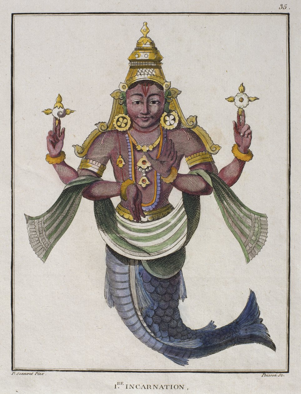 Primeiro Avatar de Vishnu como &39;O Peixe&39;, ilustração de &39;Viagem às Indes Orientais e à China&39; de Pierre Sonnerat, gravado por Poisson, 1782 (gravura a cor) de Pierre Sonnerat
