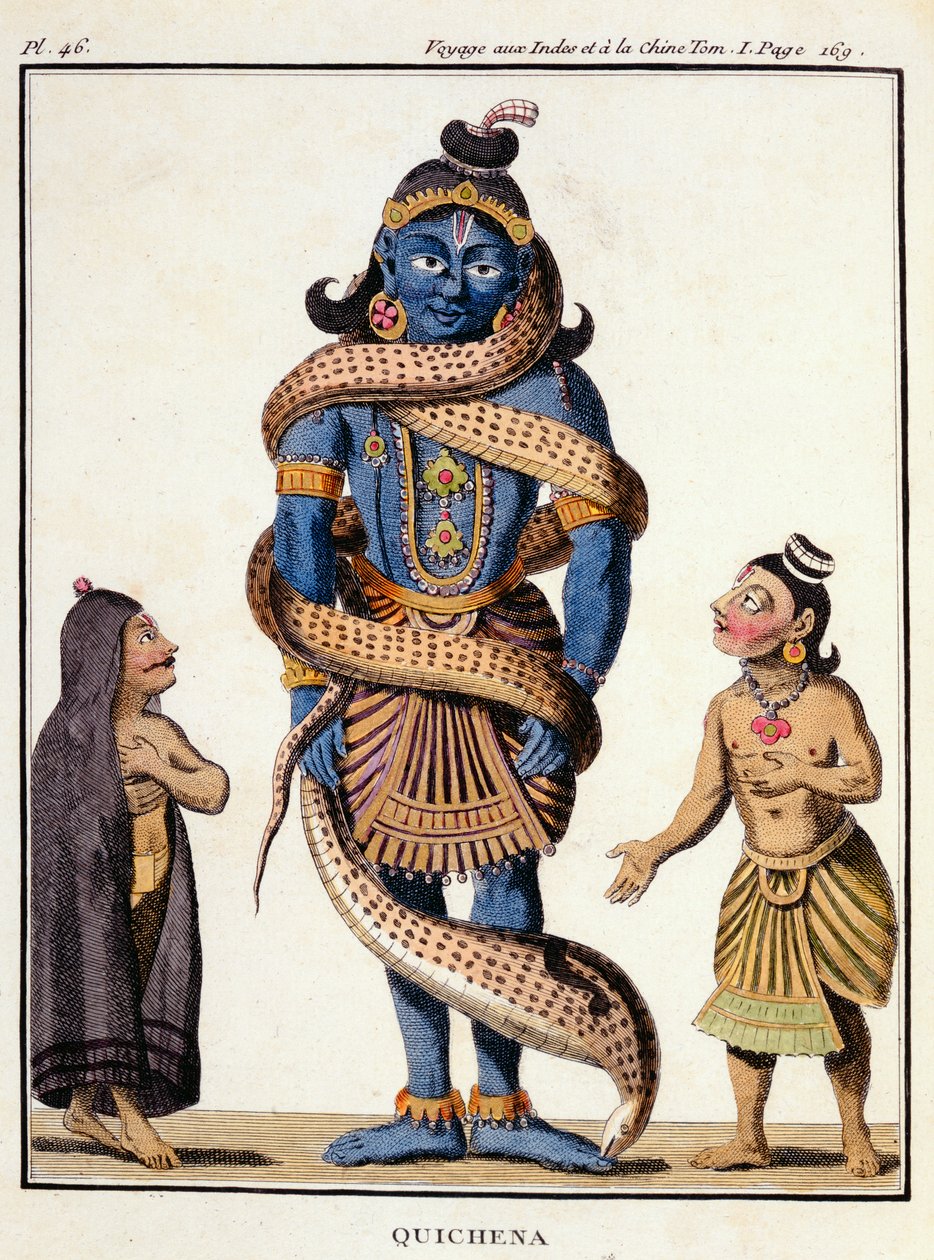Krishna espremido pela serpente Kaliya, de "Journey to India and China" de Pierre Sonnerat, gravado por Poisson, publicado em 1782 de Pierre Sonnerat