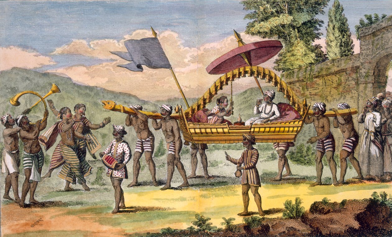 Recém casados, sendo levado para um passeio em um palanquim com músicos que acompanham, ilustração de &39;viagem aux indes et a la chine&39;, gravada por poisson, 1782 (cor da gravura) de Pierre Sonnerat