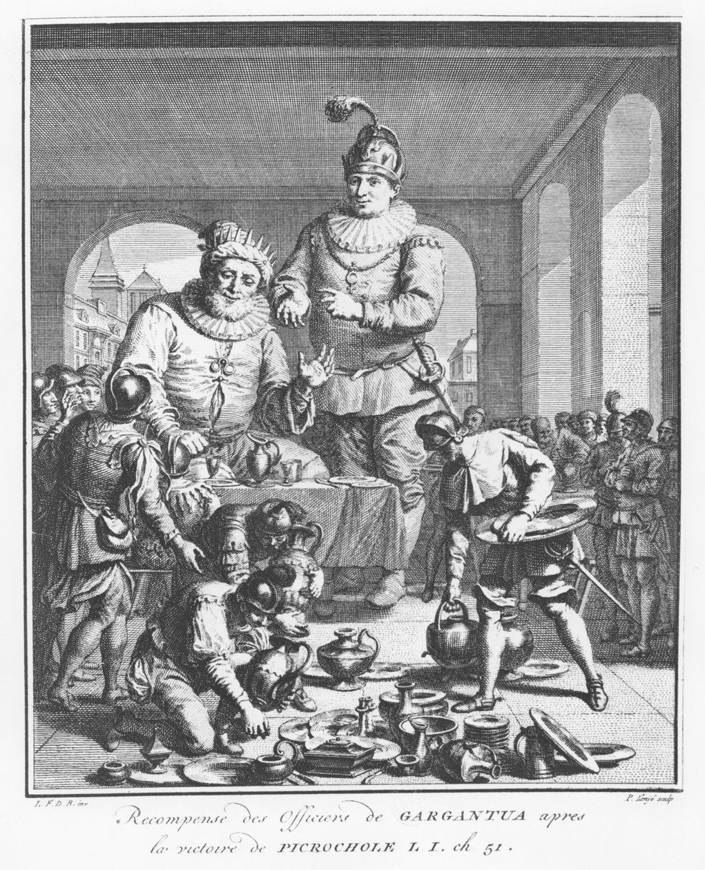 Gargantua gratificante oficiais após a vitória de Picrochole, ilustração de &39;A vida de Gargantua e Pantagruel&39;, por François Rabelais de Pierre Tanje