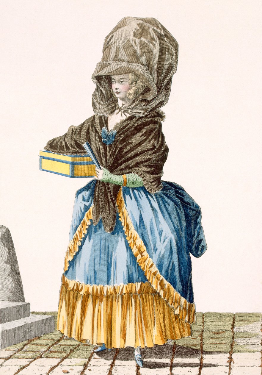 Uma senhora do mercado que vendia as suas mercadorias, gravada por Dupin, placa nº 5 da "Galeries des Modes et Costumes Francais", c.1778-87 99: vestuário; vestido tradicional; traje tradicional; fashi de Pierre Thomas Le Clerc