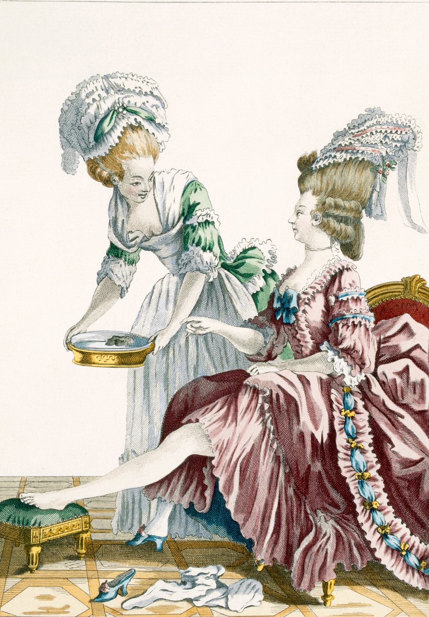Uma mulher elegante lavando seus pés, placa 32 de &39;Galerie des Modes et trajes Francais&39;, gravada por Dupin, 1778 de Pierre Thomas Le Clerc