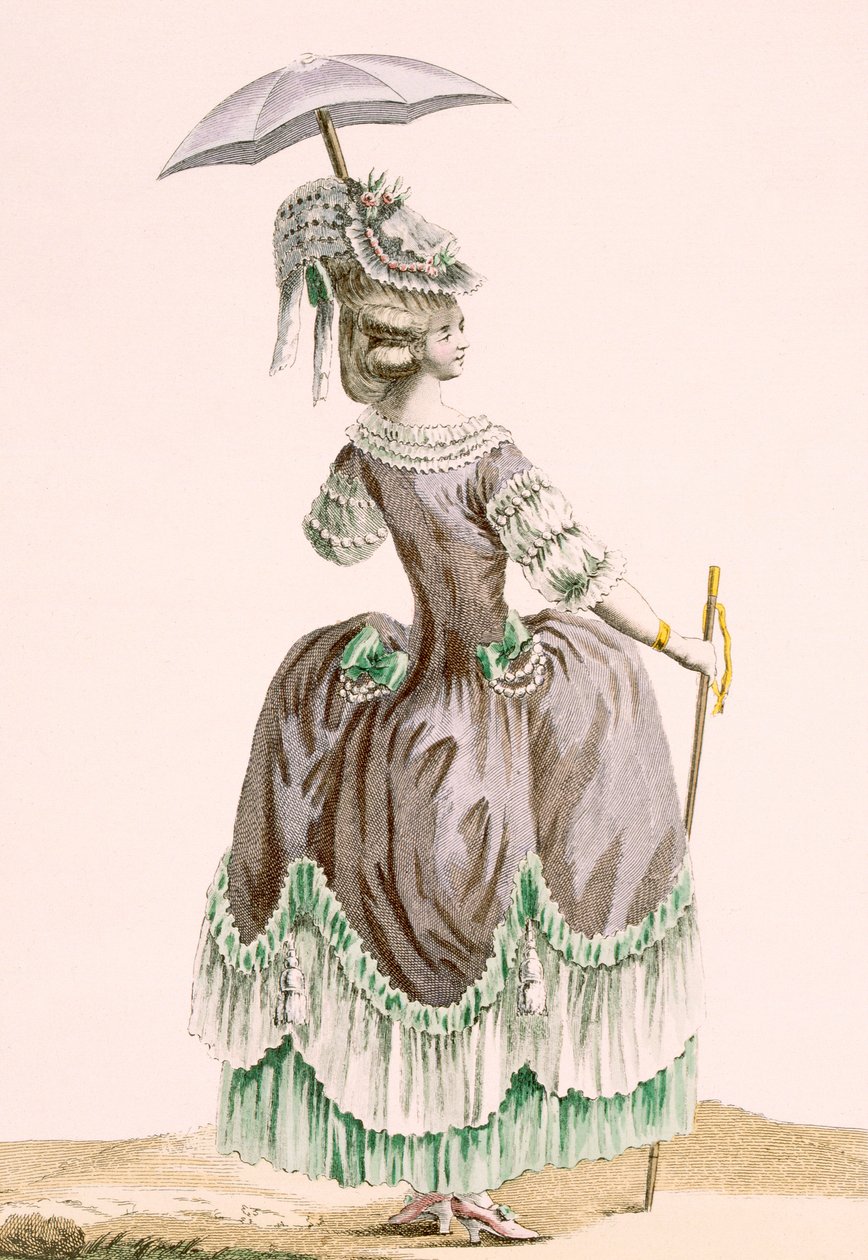 Vista traseira do vestido de passeio cinza da senhora, gravado por Dupin, placa no.38 de &39;Galeries des Modes et trajes Francais&39;, c.1778-87 de Pierre Thomas Le Clerc
