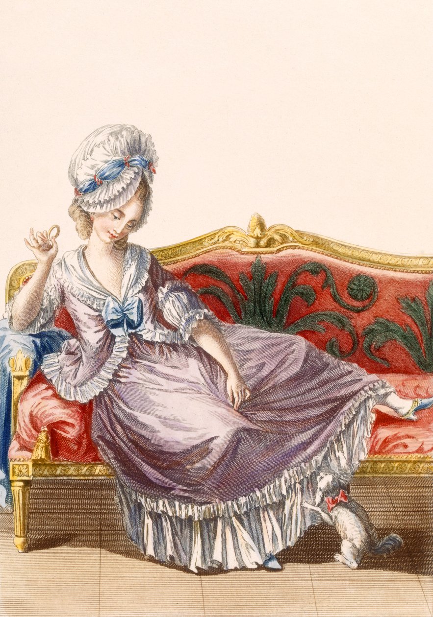 Cavaco a la Polonaise, gravado por Dupin, prato de &39;Galeries des Modes et Costumes Francais&39;, c.1778-87 99: vestuário; vestido tradicional; traje tradicional; moda; illustrat de Pierre Thomas Le Clerc