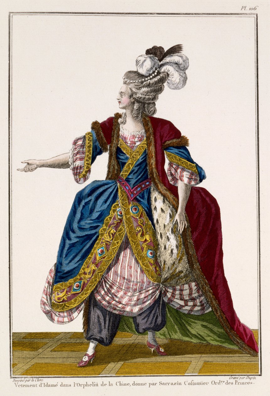 Traje da Dama em &39;L&39;Orphelin de la Chine&39;, estampa feita por Dupin, no final do século XVIII (gravura colorida à mão) de Pierre Thomas Le Clerc
