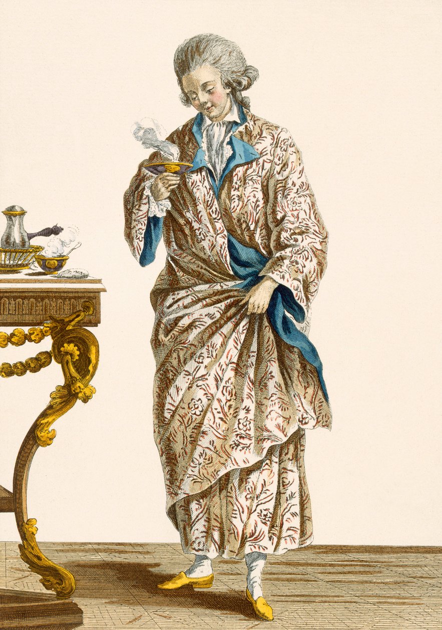 Roupão em algodão estampado, gravado por Patas, prato nº 140 da &39;Galeries des Modes et Costumes Francais&39;, c.1778-87 de Pierre Thomas Le Clerc