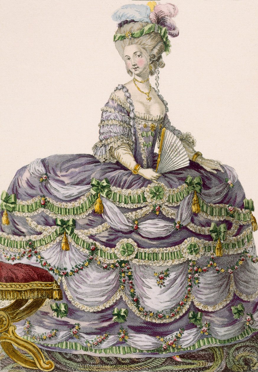 Vestido de noite da duquesa, gravado por Dupin, prato no.161 de "Galeries des Modes et Costumes Français", 1789 de Pierre Thomas Le Clerc