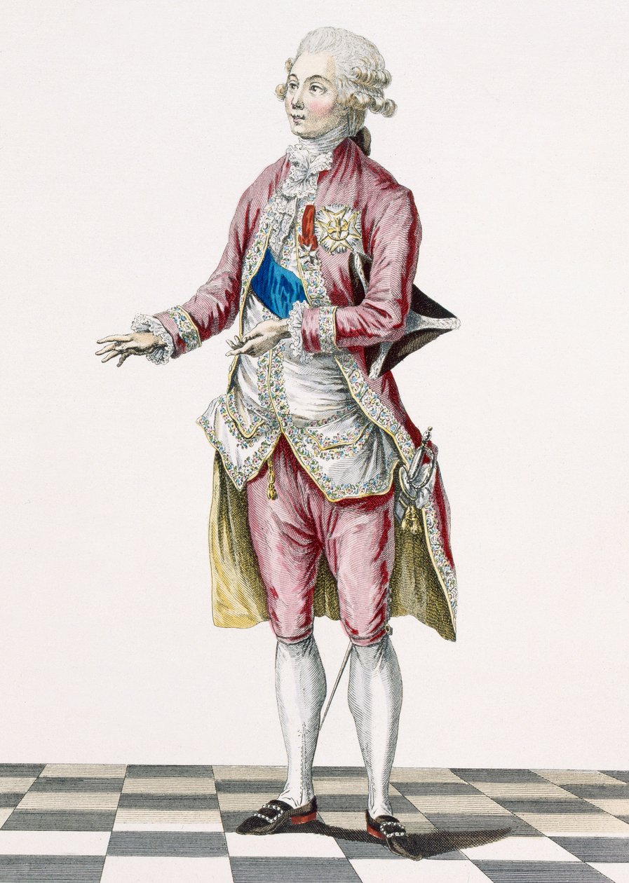 Duque em trajes campestres decorados com as Ordens do Rei, gravados por Dupin, prato de &39;Galeries des Modes et Costumes Francais&39;, c.1778-87, 1760 de Pierre Thomas Le Clerc