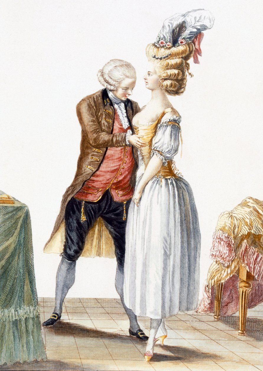 Lady elegante em um encaixe com seu alfaiate, placa de &39;Galerie des Modes et trajes Francais&39;, gravada por Dupin, 1778 de Pierre Thomas Le Clerc