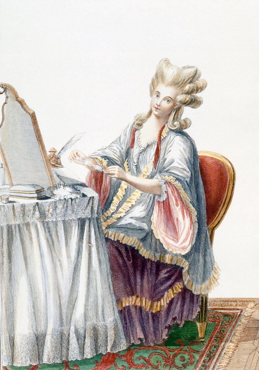 Senhora elegante em sua penteadeira, placa de &39;Galerie des Modes et trajes Francais&39;, gravada por Dupin, 1778 de Pierre Thomas Le Clerc
