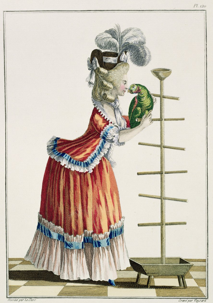 Mulher Elegante em um Caraco &39;a la Polonaise&39; e um chapéu &39;a la Devonshire&39;, gravura 120 de &39;Galerie des Modes et Costumes Francais&39;, gravada por Etienne Claude Voysard (1746-1816) 1778 de Pierre Thomas Le Clerc