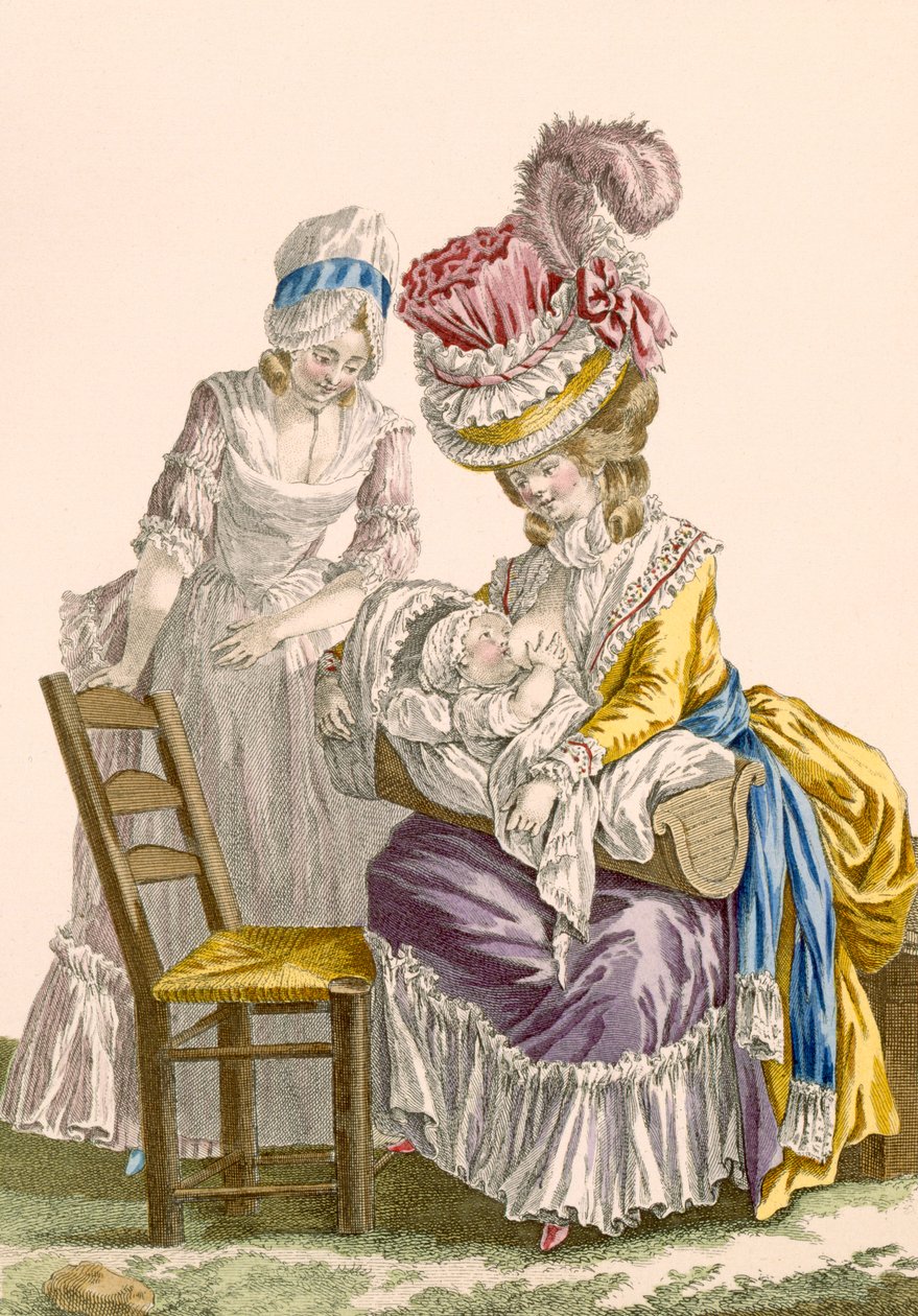 Senhora elegante que amamenta seu filho assistido por sua empregada, gravada por Patas, placa n ° 142 de &39;Galeries des Modes et Costumes Français&39;, c.1778-87 99: vestuário; vestido tradicional; de Pierre Thomas Le Clerc