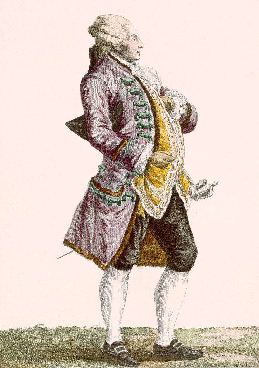 Cavalheiro de chata e jaqueta de cauda, gravada por Dupin, placa nº 71 de &39;Galeries des Modes et Costumes Français&39;, 1789 de Pierre Thomas Le Clerc