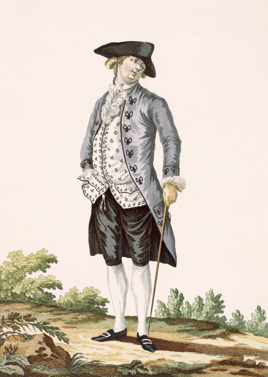Cavalheiro de terno cinza, gravado por Voysard, placa no.162 de &39;Galeries des Modes et Costumes Francais&39;, c.1778-87 de Pierre Thomas Le Clerc