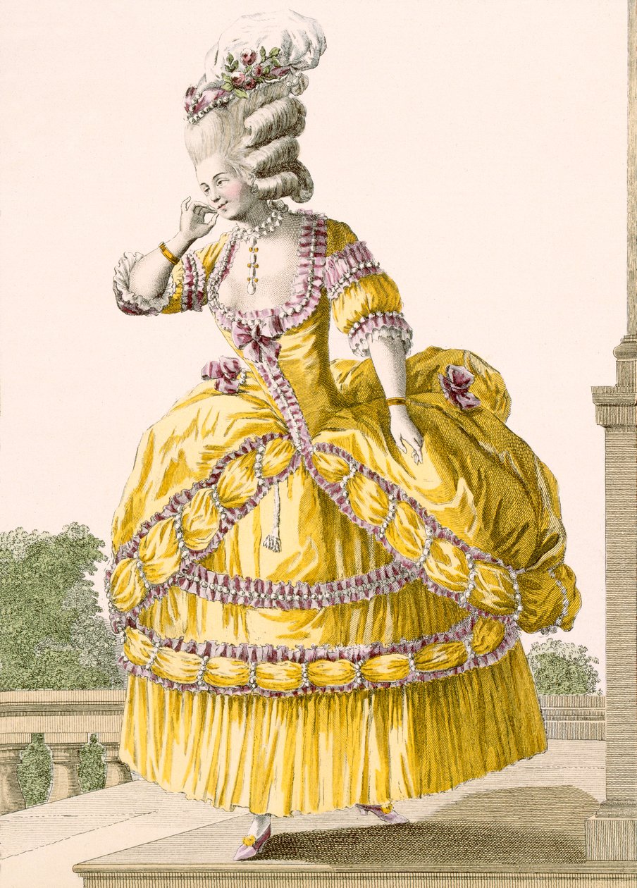 Vestido dourado, gravado por Dupin, prato nº 37 de &39;Galeries des Modes et Costumes Francais&39;, 1789 de Pierre Thomas Le Clerc