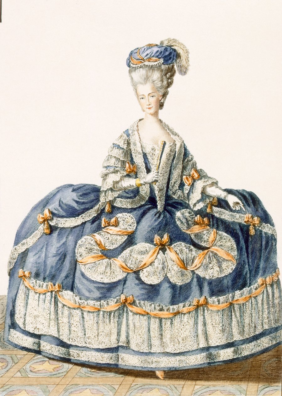 Grande vestido de baile da corte real, gravado por Le Roy, placa de &39;Galeries des Modes et Costumes Francais&39;, c.1778-87 99: vestuário; vestido tradicional; traje tradicional; fashio de Pierre Thomas Le Clerc