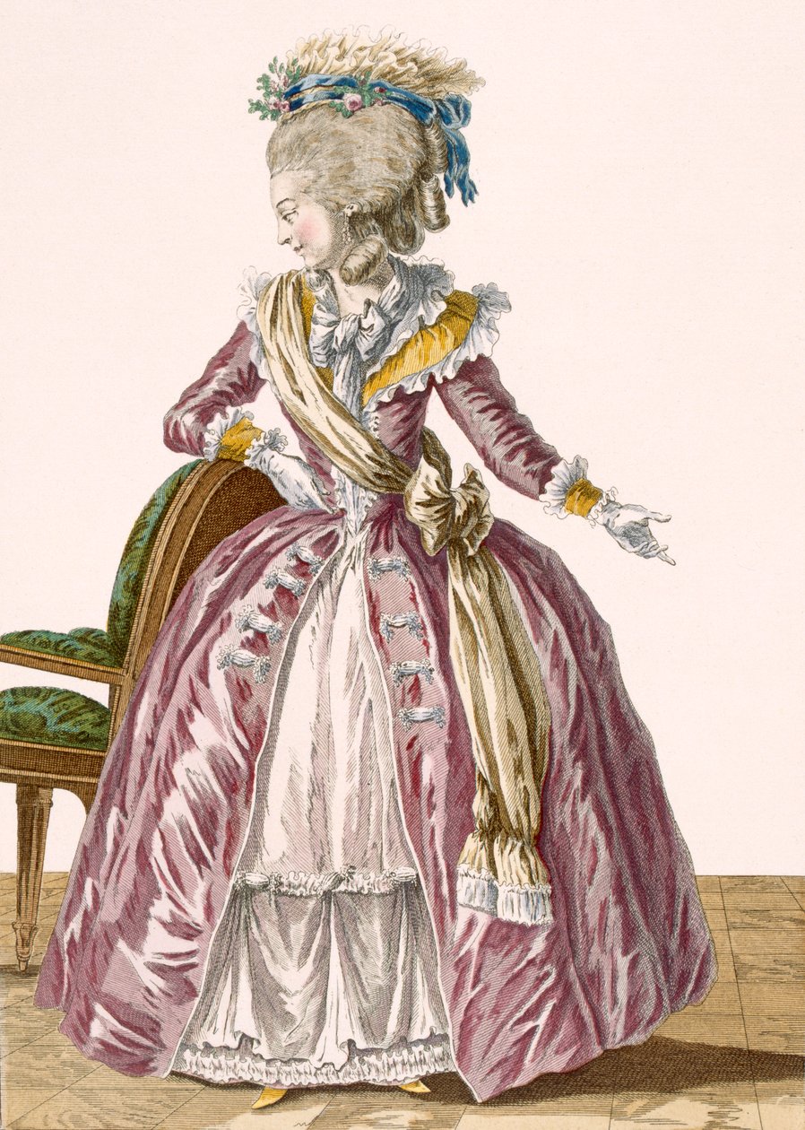 Borgonha feminina com saia branca, gravada por Dupin, placa nº 166 da &39;Galeries des Modes et Costumes Francais&39;, c.1778-87 de Pierre Thomas Le Clerc