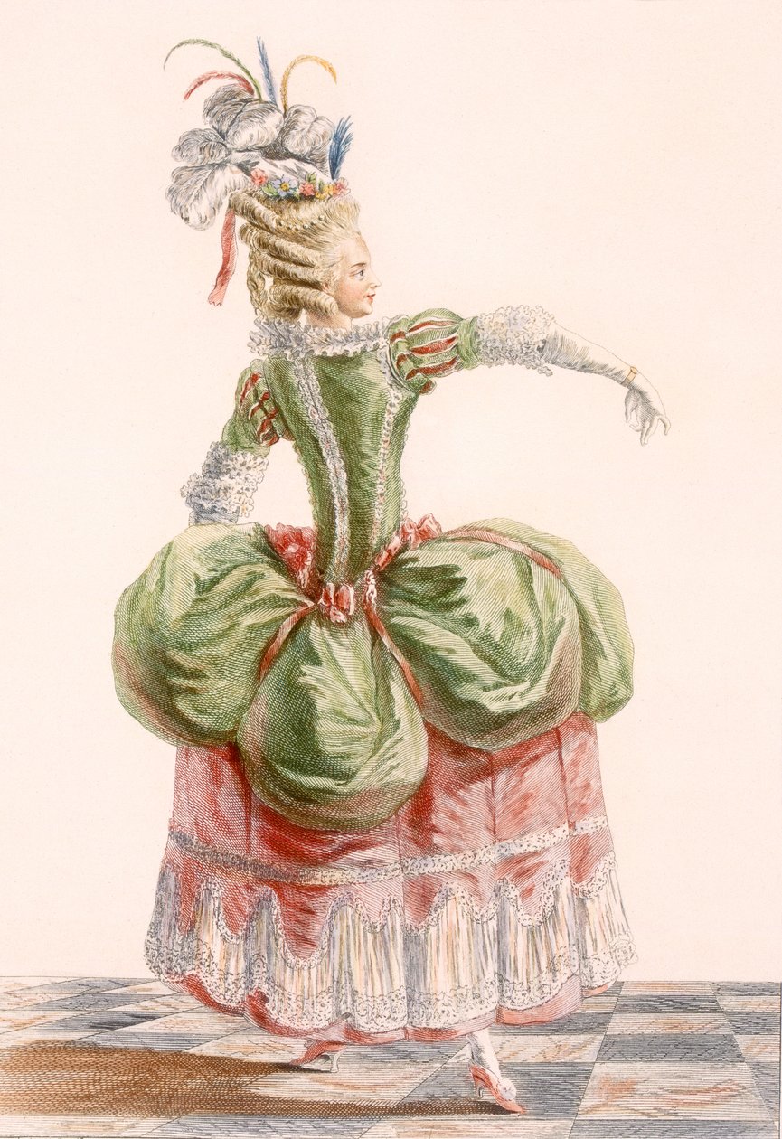 Vestido de noite para senhoras, gravado por Dupin, prato de "Galeries des Modes et Costumes Francais", c.1778-87 99: vestuário; vestido tradicional; traje tradicional; moda; ilustração; de Pierre Thomas Le Clerc