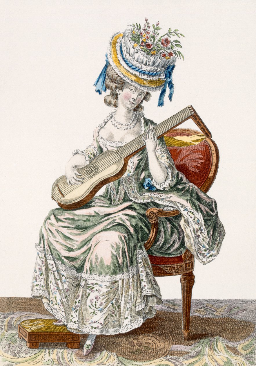 Senhora em um vestido de tafetá tiro aparado com laço tocando a guitarra, placa 113 de &39;Galerie des Modes et trajes Francais&39;, gravada por Charles Emmanuel Patas (1744-1802) 1778 de Pierre Thomas Le Clerc
