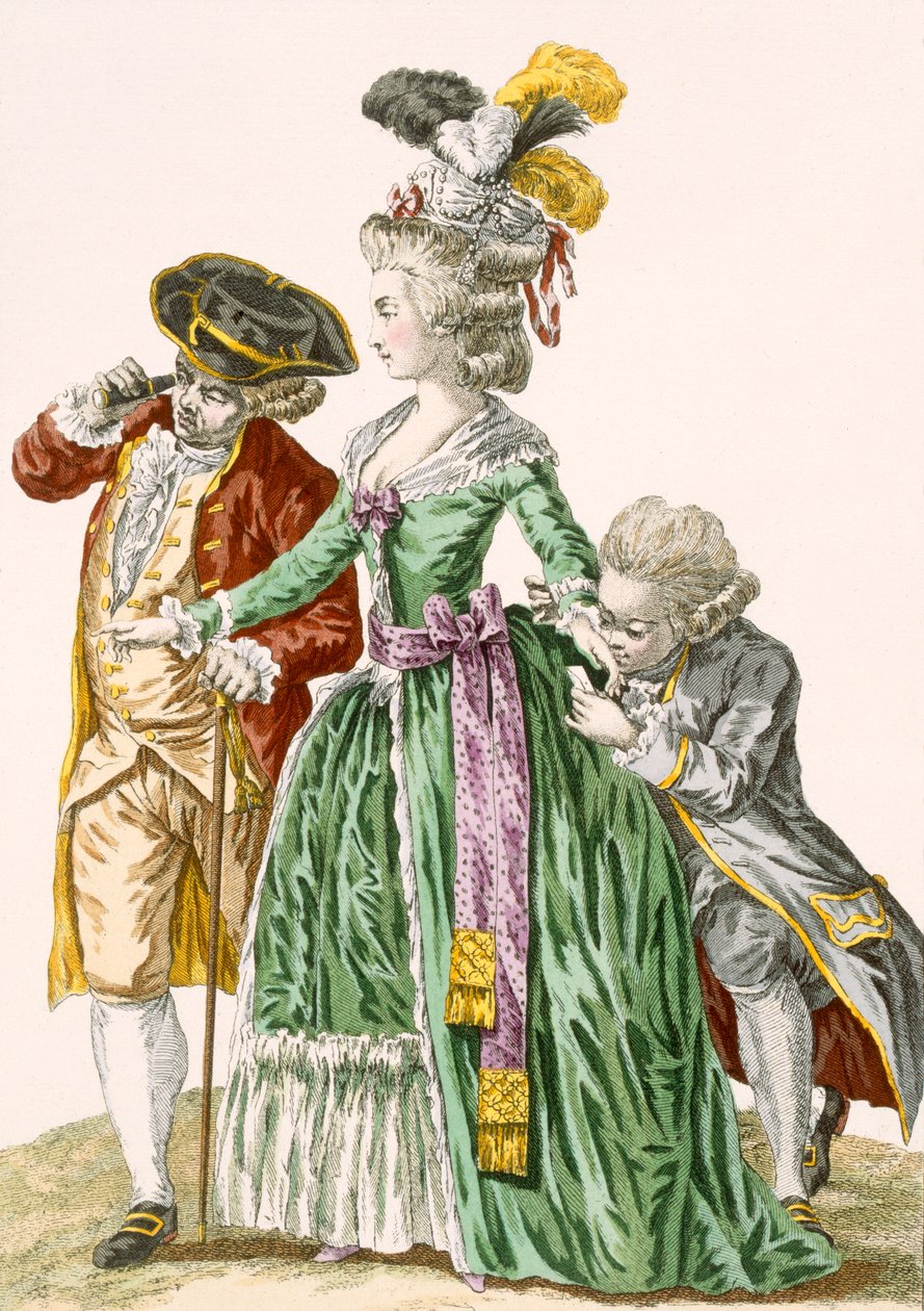 Senhora da corte cercada por servos do sexo masculino, gravada por Petisoier, placa no.124 de &39;Galeries des Modes et Costumes Francais&39;, c.1778-87 99: vestuário; vestido tradicional; tradit de Pierre Thomas Le Clerc