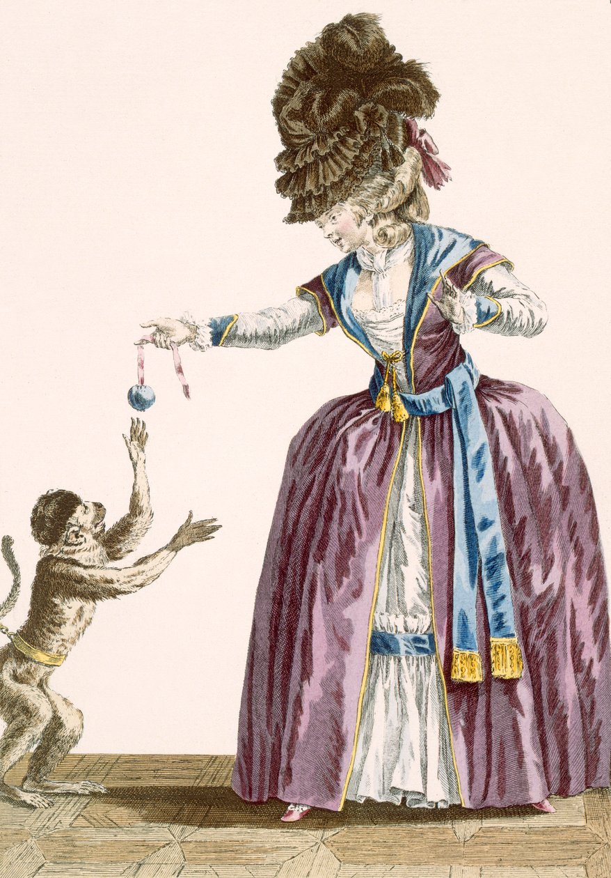 Lady brinca com um macaco, gravado por Patas, placa no.119 de "Galeries des Modes et Costumes Francais", c.1778-87 99: vestuário; vestido tradicional; traje tradicional; moda; Eu de Pierre Thomas Le Clerc