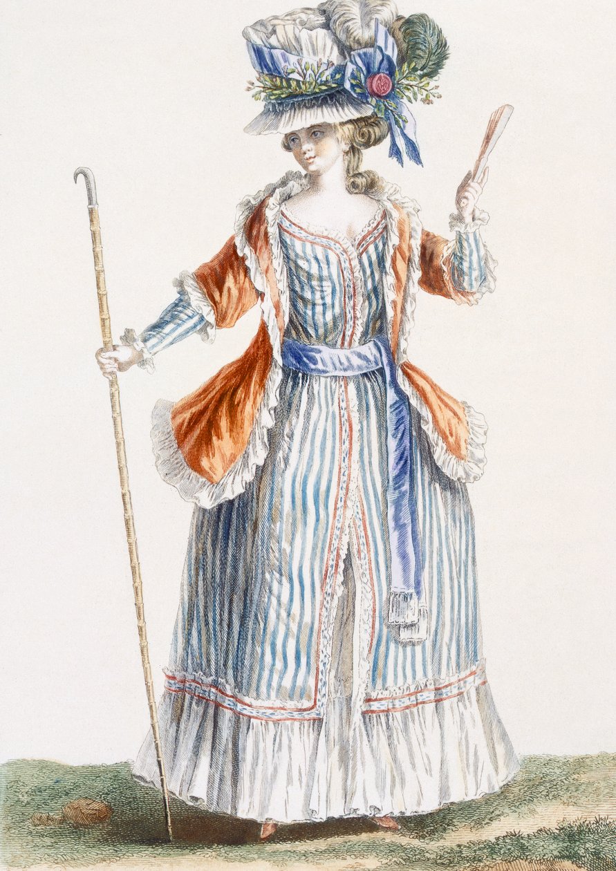 Vestido de estilo Shepherds da senhora, gravado por Patas, ilustração de &39;Galeries des Modes&39;, 1779 de Pierre Thomas Le Clerc