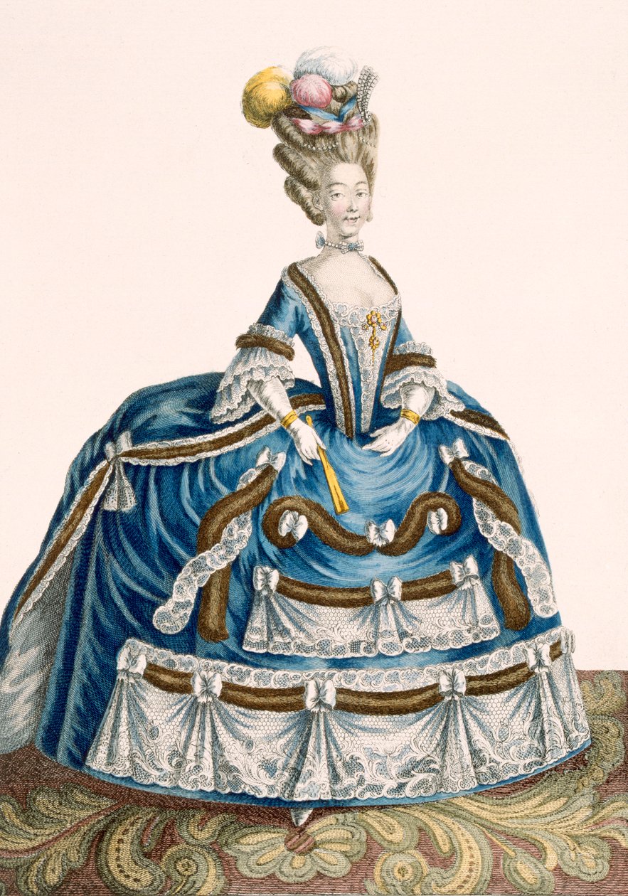 Vestido de corte elaborado da dama, decorado com guirlandas e renda, gravado por Voysard, placa nº 46 de "Galeries des Modes et Costumes Francais", c.1778-87 99: roupas; dr tradicional de Pierre Thomas Le Clerc