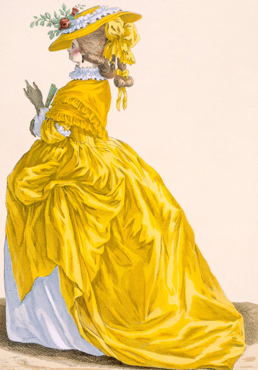 «Robe en Foureau», gravada por Bacquoy, placa no.187 de «Galeries des Modes et Costumes Francais», c.1778-87 99: vestuário; vestido tradicional; traje tradicional; moda; illust de Pierre Thomas Le Clerc
