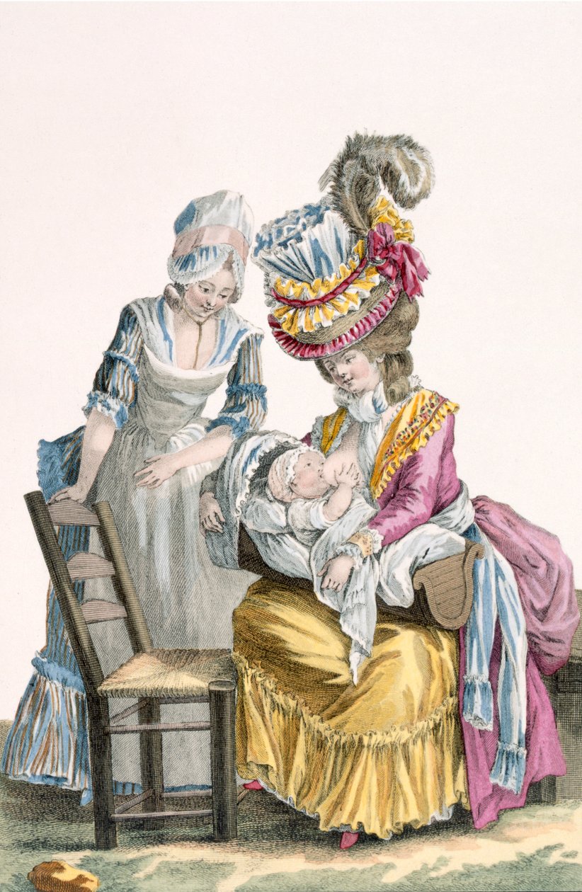 Jovem, mulher, em, um, vestido, &39;la, Levite&39;, amamentar, dela, bebê, prato, de, &39;Galerie, des, Modes, e, trajes, Francais&39;, gravado, por, charles, Emmanuel, Patas, (1744-1802), 1778 de Pierre Thomas Le Clerc