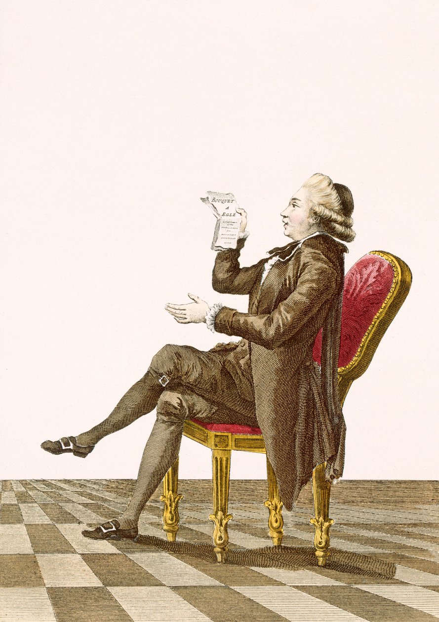 Poeta jovem cavalheiro, gravado por Dupin, placa no.34 de &39;Galeries des Modes et Costumes Français&39;, c.1778-87 de Pierre Thomas Le Clerc