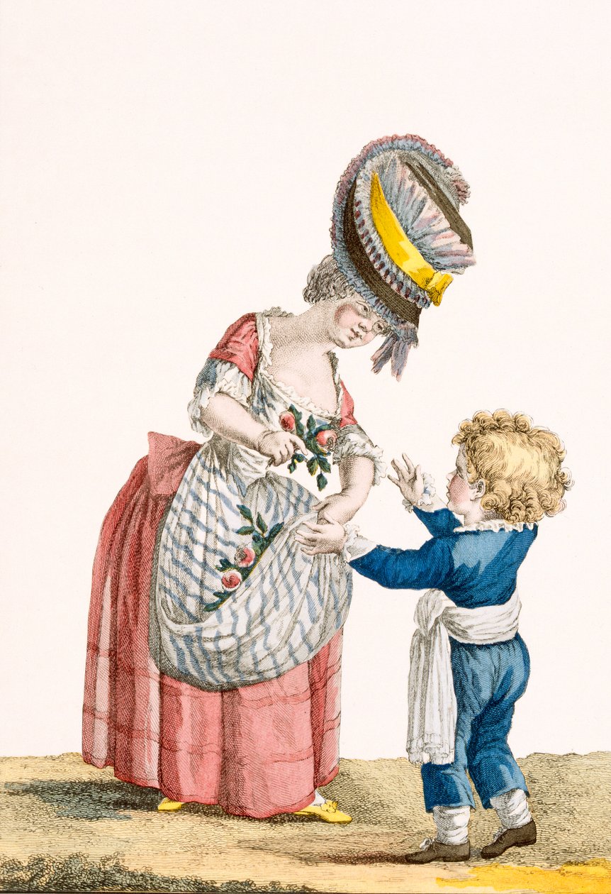 Jovem camponesa com menino, gravado por Dupin, placa de &39;Galeries des Modes et trajes Francais&39;, c.1778-87 99: vestuário; vestido tradicional; traje tradicional; moda; de Pierre Thomas Le Clerc